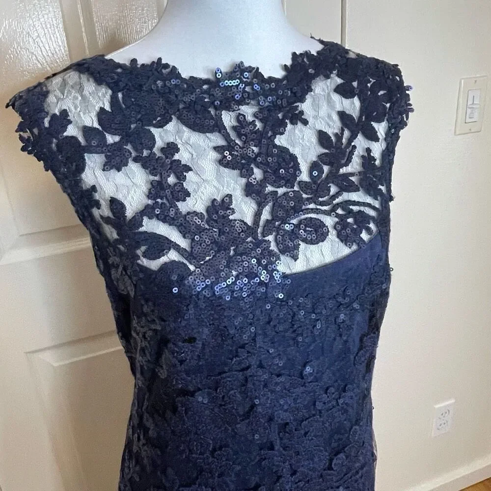 Tadashi Shoji Paillette Embroidered Lace Sheath Cocktail Dress Royal Navy Blue S - Picture 6 of 14